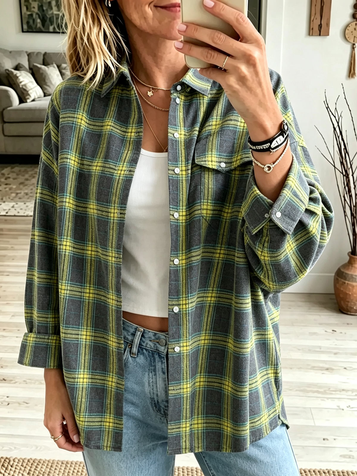 Oona - Oversized dameshemd met geruit patroon en knoopzakken