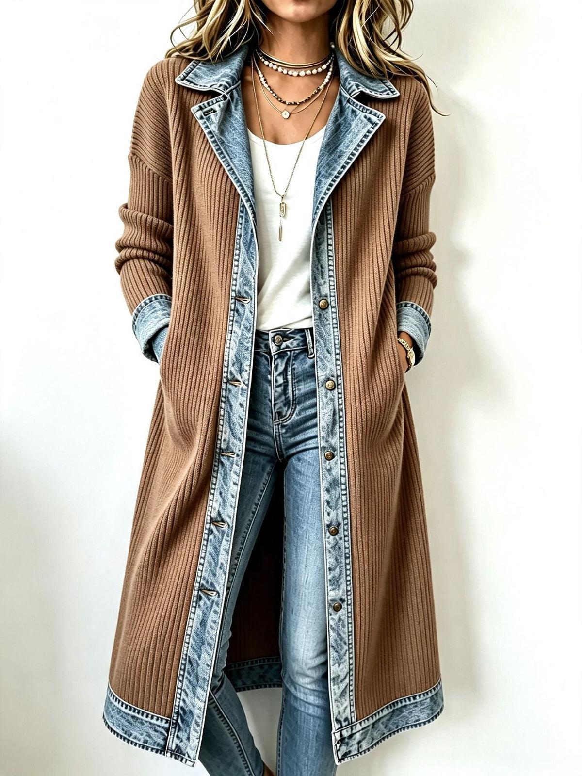 Béryl - Lange cardigan voor dames in ribbrei met denimafwerking