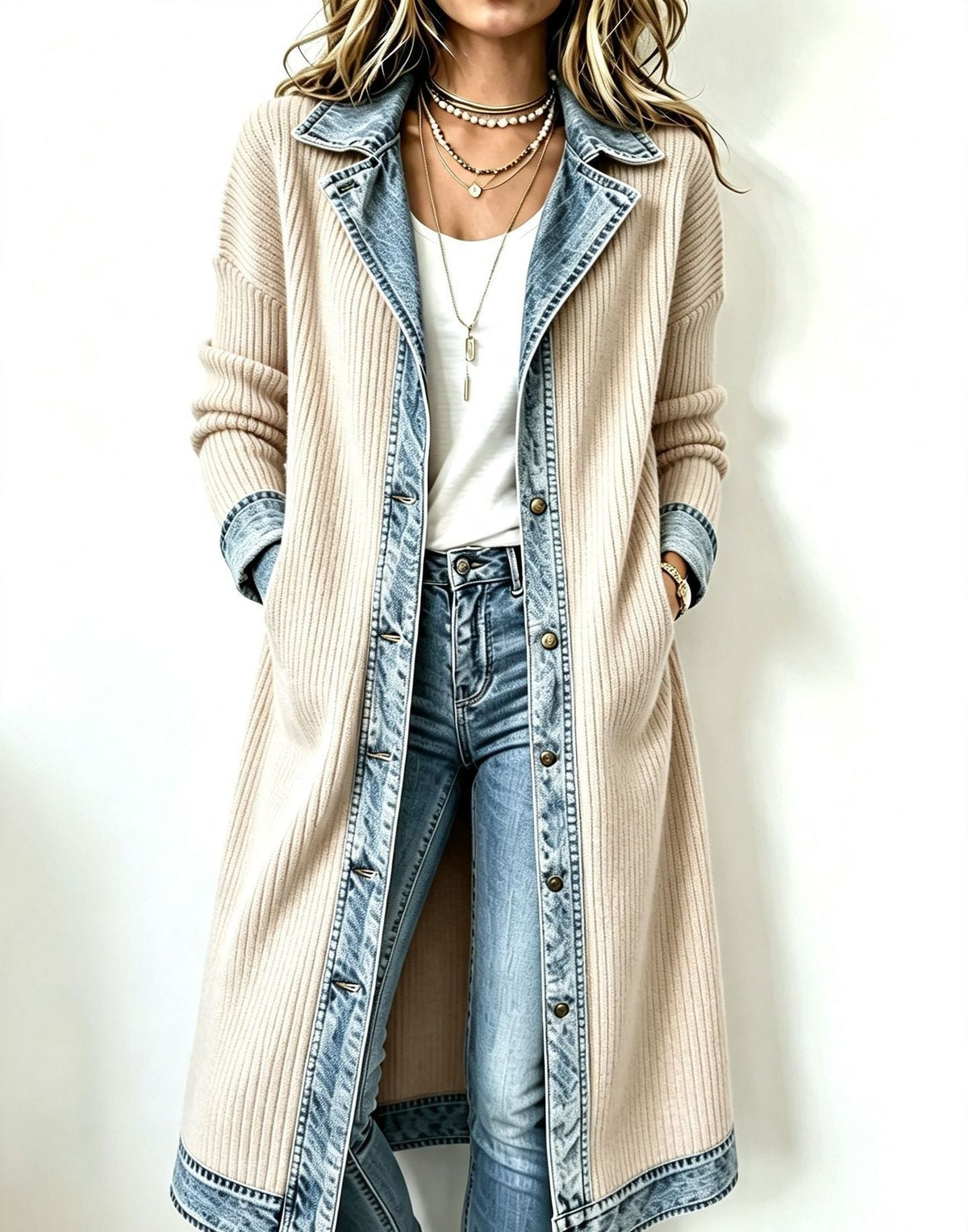 Béryl - Lange cardigan voor dames in ribbrei met denimafwerking