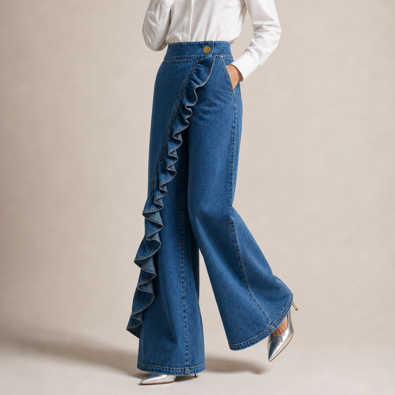 Izzavelle - Dames brede denim broek met asymmetrische volant in elegante culotte-stijl