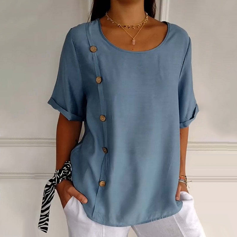 Rovryne - Vrouwenblouse van linnen met ronde hals en zijknopen ruime snit voor de zomer