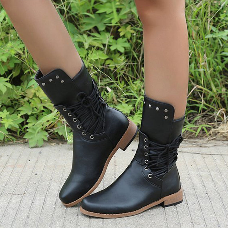 Cléonie - Dames enkellaarsjes met veters en ronde neus met decoratieve studs