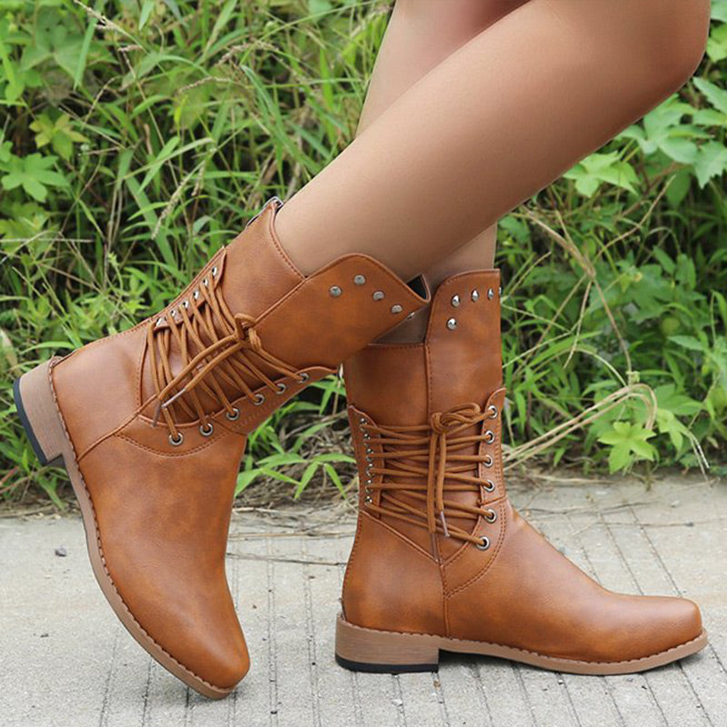 Cléonie - Dames enkellaarsjes met veters en ronde neus met decoratieve studs