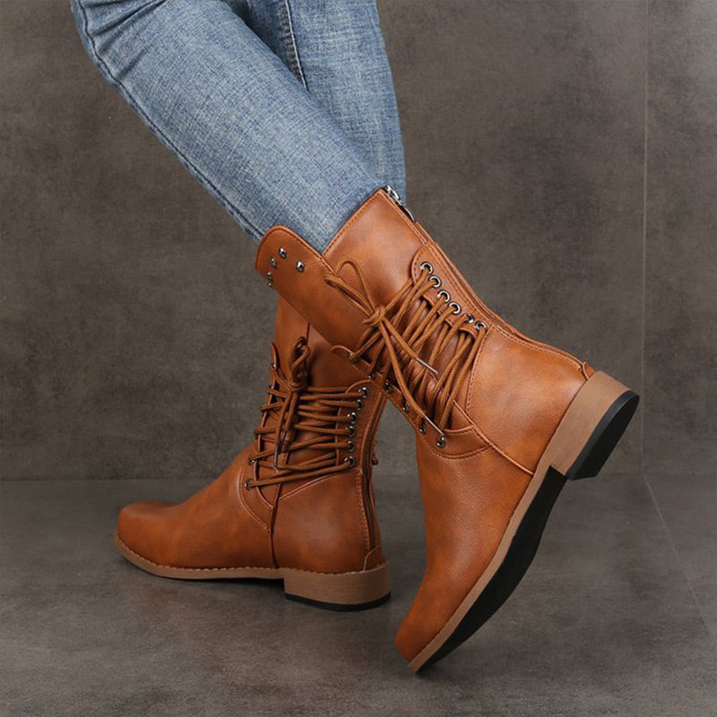 Cléonie - Dames enkellaarsjes met veters en ronde neus met decoratieve studs