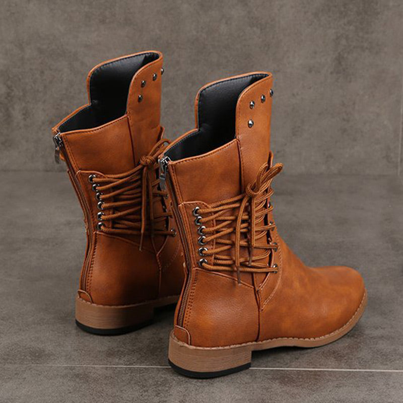Cléonie - Dames enkellaarsjes met veters en ronde neus met decoratieve studs