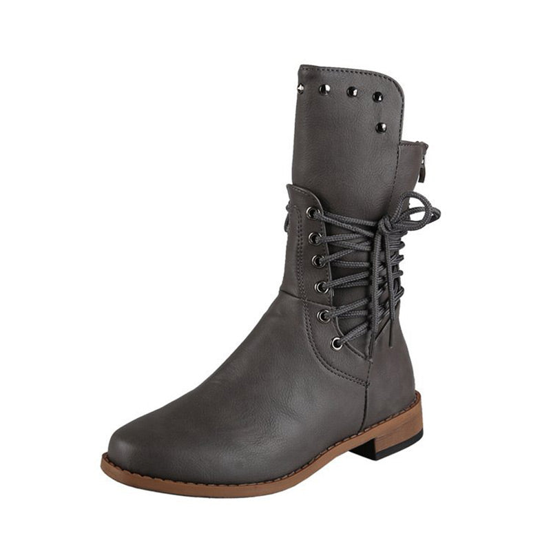Cléonie - Dames enkellaarsjes met veters en ronde neus met decoratieve studs