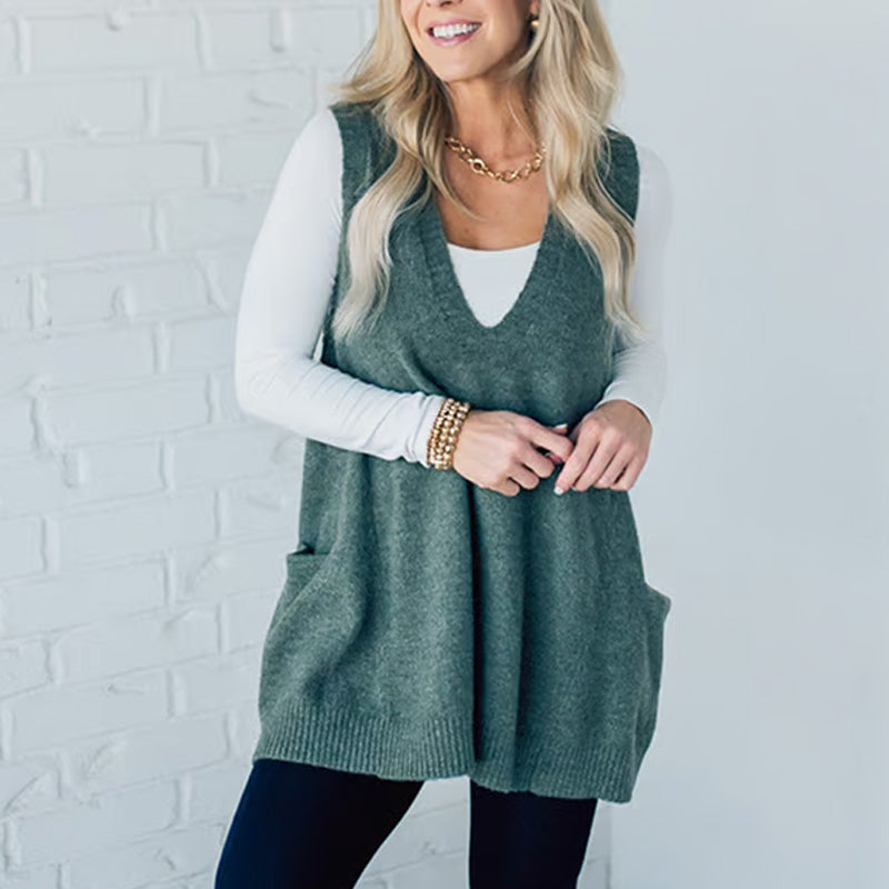 Carole - Mouwloos Gebreide Gilet met Zakken en V-Hals