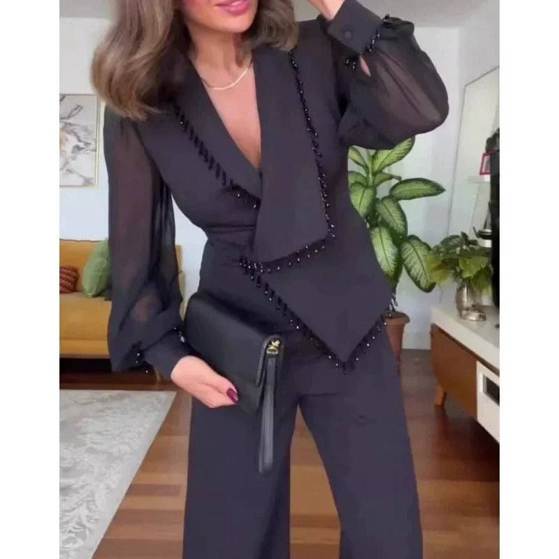 Vivienne - Kralen top en wijde broek Elegante set