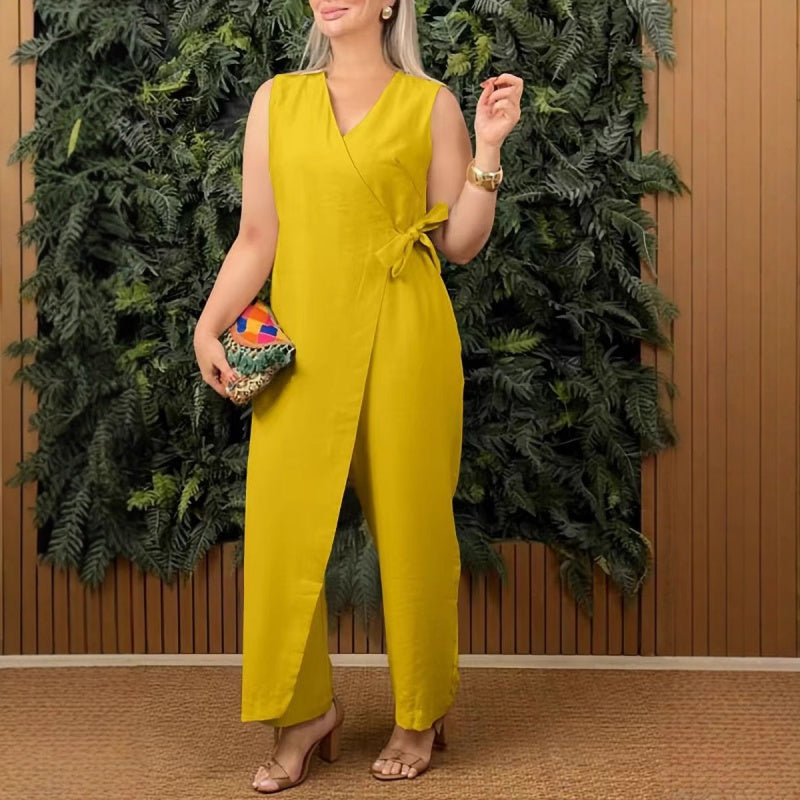 Mirabelle - Effen casual dames jumpsuit met V-hals en strikceintuur