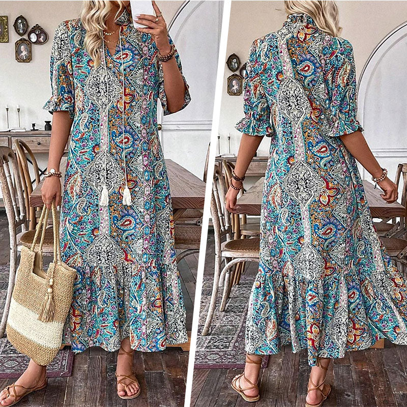 Esther - Elegante V-hals bloemenprint boho jurk voor dames