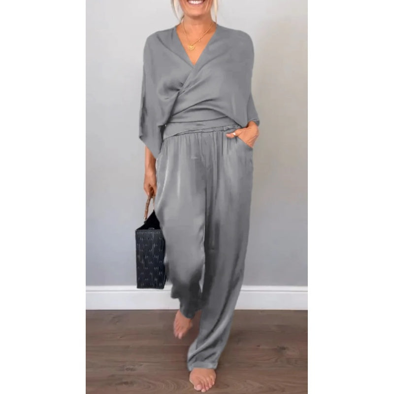 Aurea - Elegante 2-delige damesset, top met v-hals en gemerceriseerde katoenen broek