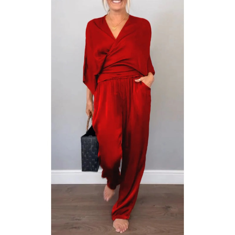 Aurea - Elegante 2-delige damesset, top met v-hals en gemerceriseerde katoenen broek