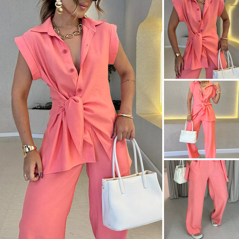 Ivette - Elegante set met blouse zonder mouwen en pantalon met hoge taille