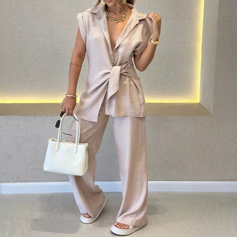 Ivette - Elegante set met blouse zonder mouwen en pantalon met hoge taille