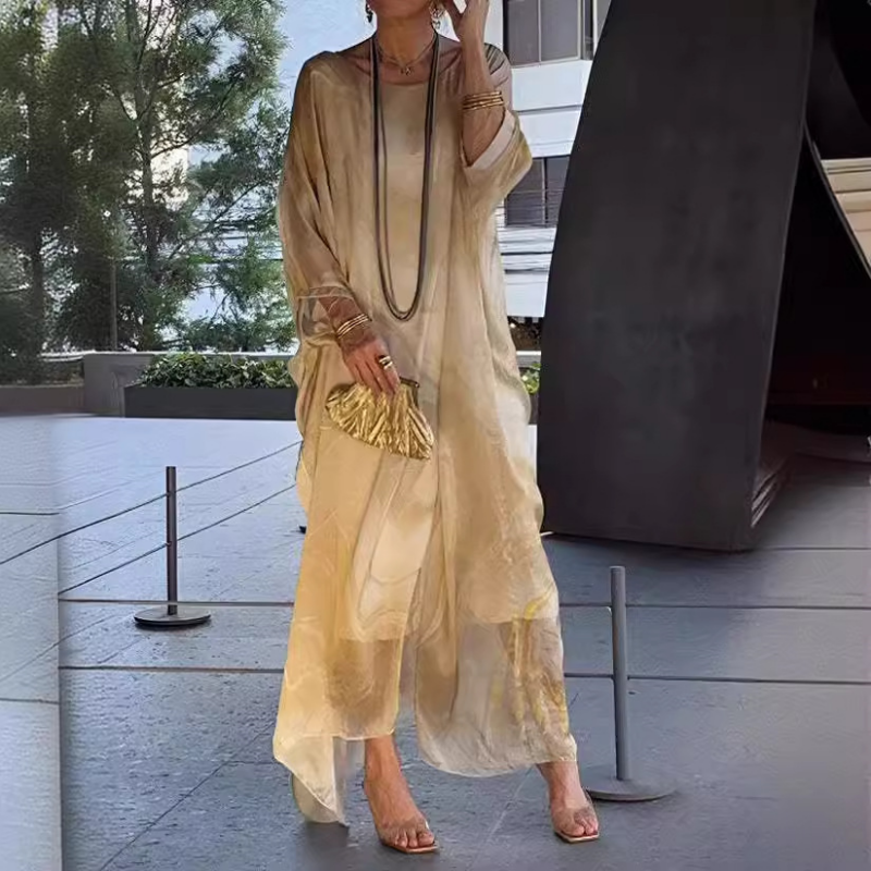 Lenora - Elegante jurken van gemarmerd chiffon met print