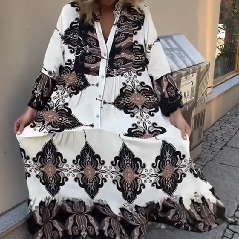 Anirelle - Elegante damesjurk met print, soepelvallend, V-hals en uitlopende mouwen