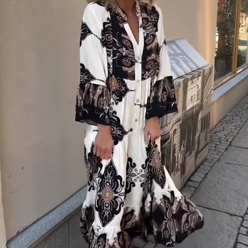 Anirelle - Elegante damesjurk met print, soepelvallend, V-hals en uitlopende mouwen