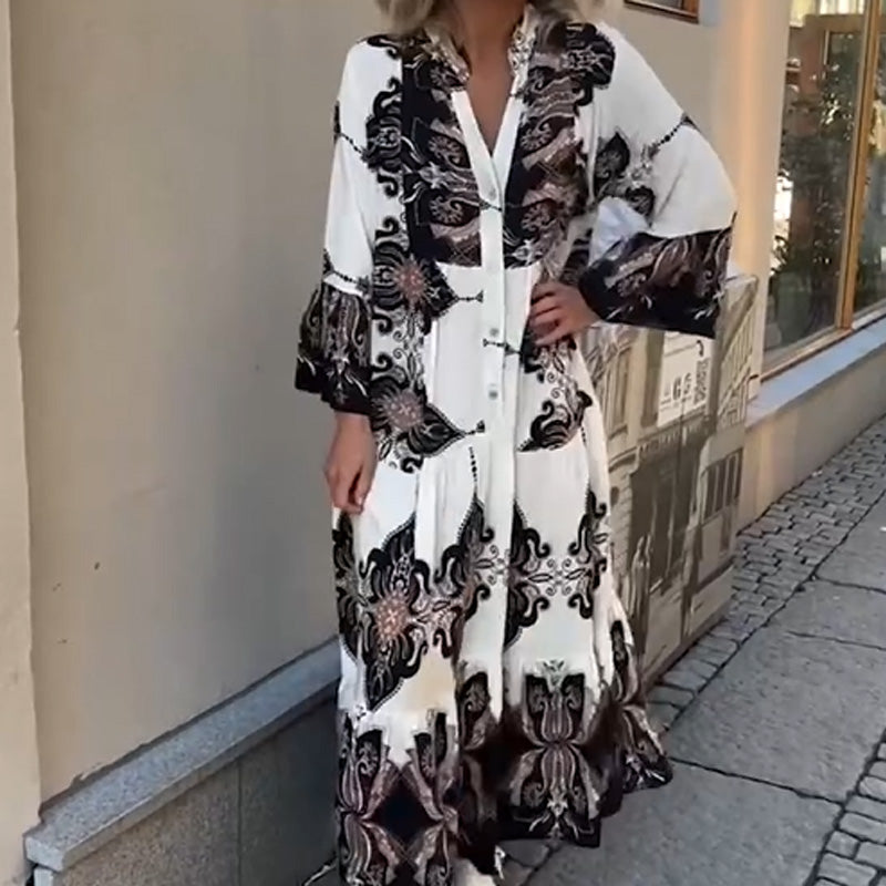 Anirelle - Elegante damesjurk met print, soepelvallend, V-hals en uitlopende mouwen