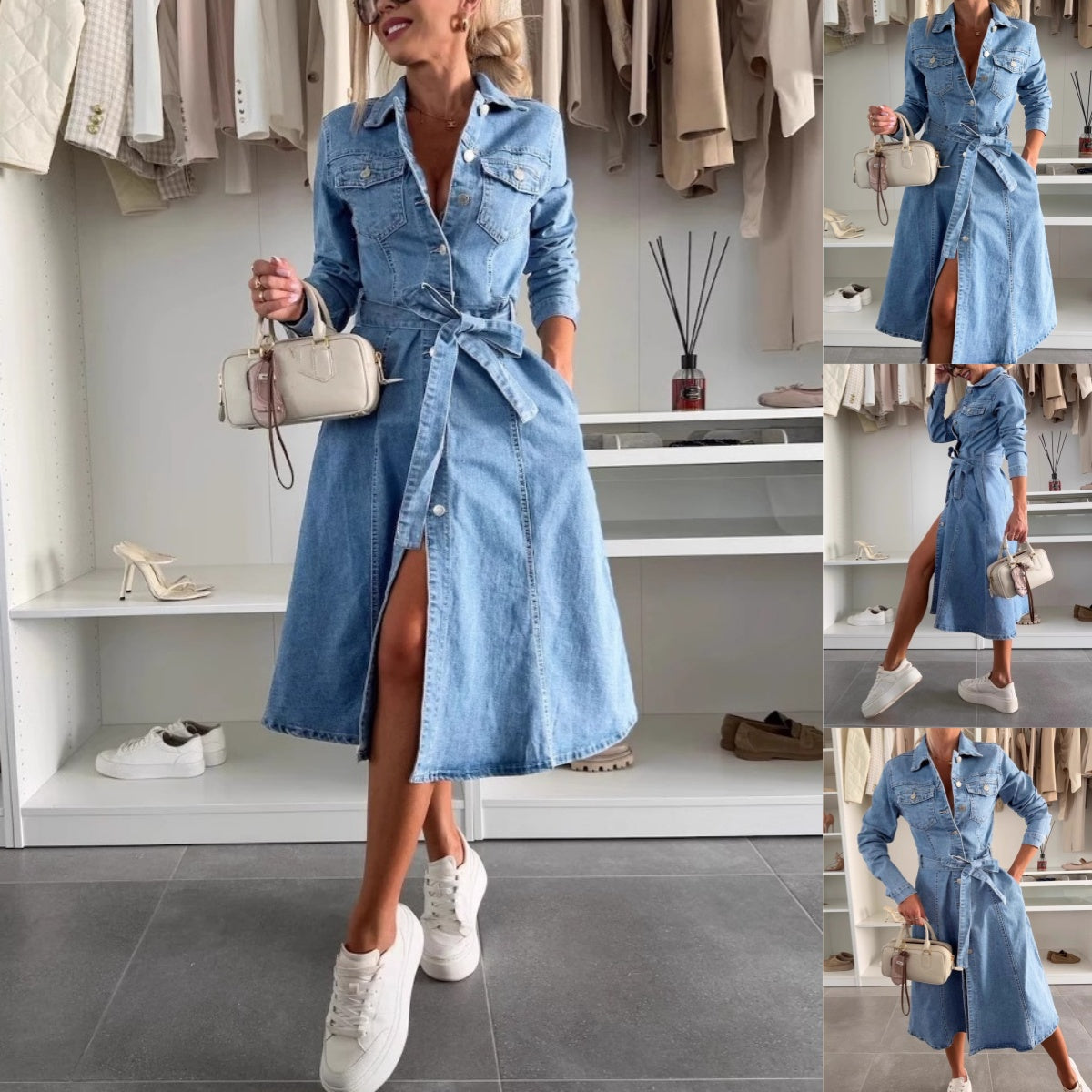 Avenyx - Dames Denim Jurk Aansluitend Met Ceintuur Moderne Veelzijdige Stijl