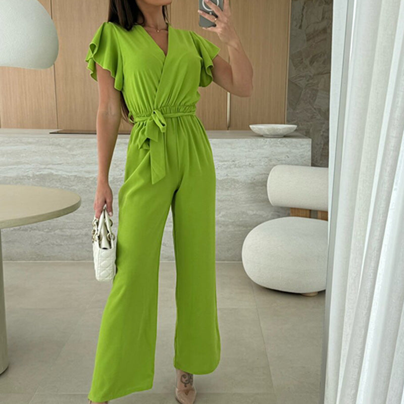 Isolina - Effen jumpsuit met V-hals, mouwen met ruches en wijde pijpen