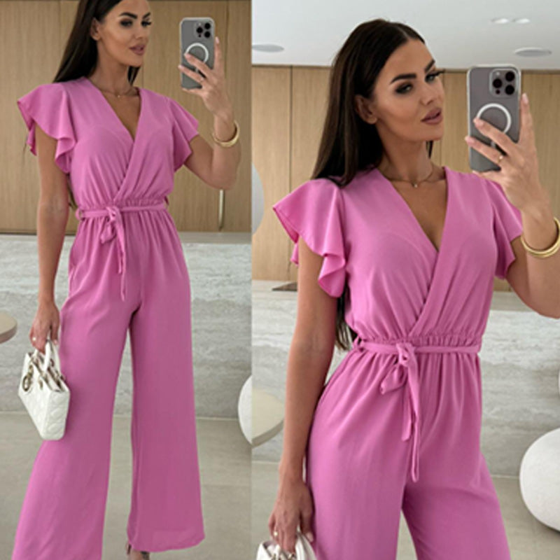 Isolina - Effen jumpsuit met V-hals, mouwen met ruches en wijde pijpen