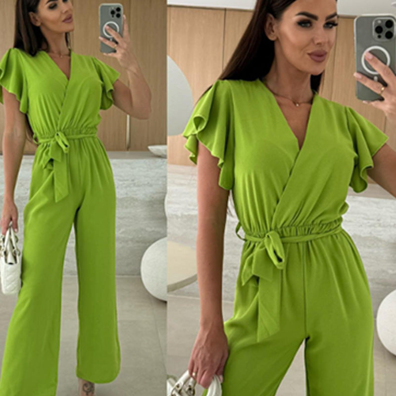 Isolina - Effen jumpsuit met V-hals, mouwen met ruches en wijde pijpen