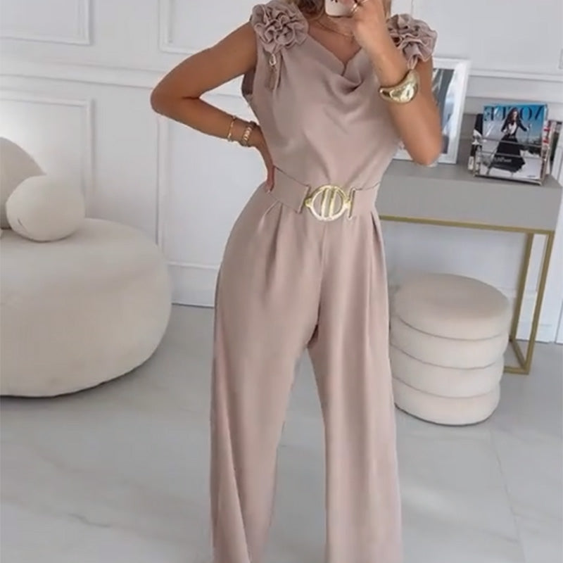 Jasene - Dames zonder mouwen jumpsuit met 3D bloemen en riem