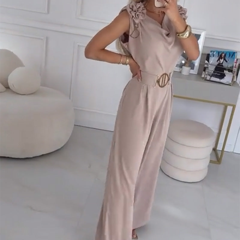 Jasene - Dames zonder mouwen jumpsuit met 3D bloemen en riem