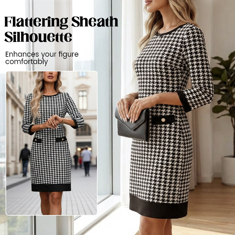 Olyra - Midi Jurk Houndstooth Met Ronde Hals Elegante