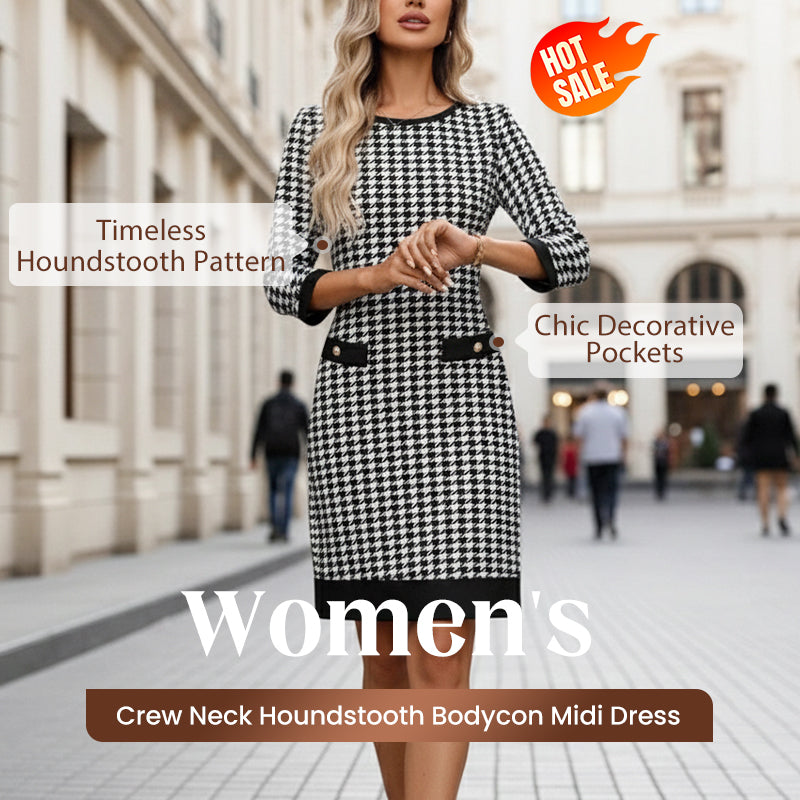 Olyra - Midi Jurk Houndstooth Met Ronde Hals Elegante