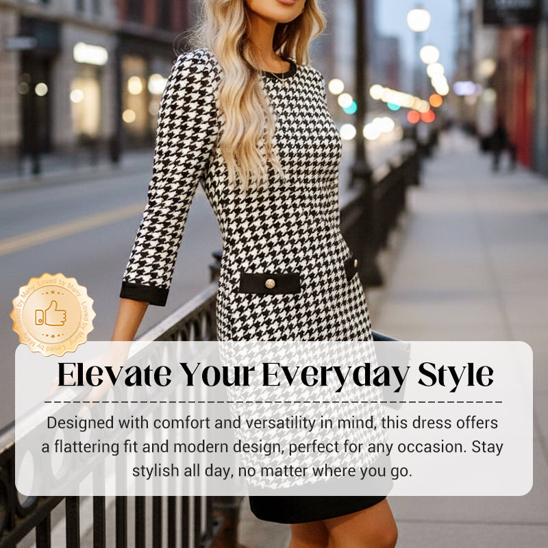 Olyra - Midi Jurk Houndstooth Met Ronde Hals Elegante