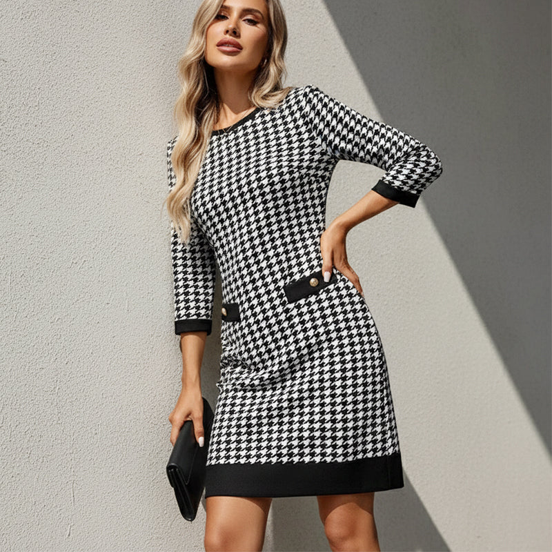 Olyra - Midi Jurk Houndstooth Met Ronde Hals Elegante