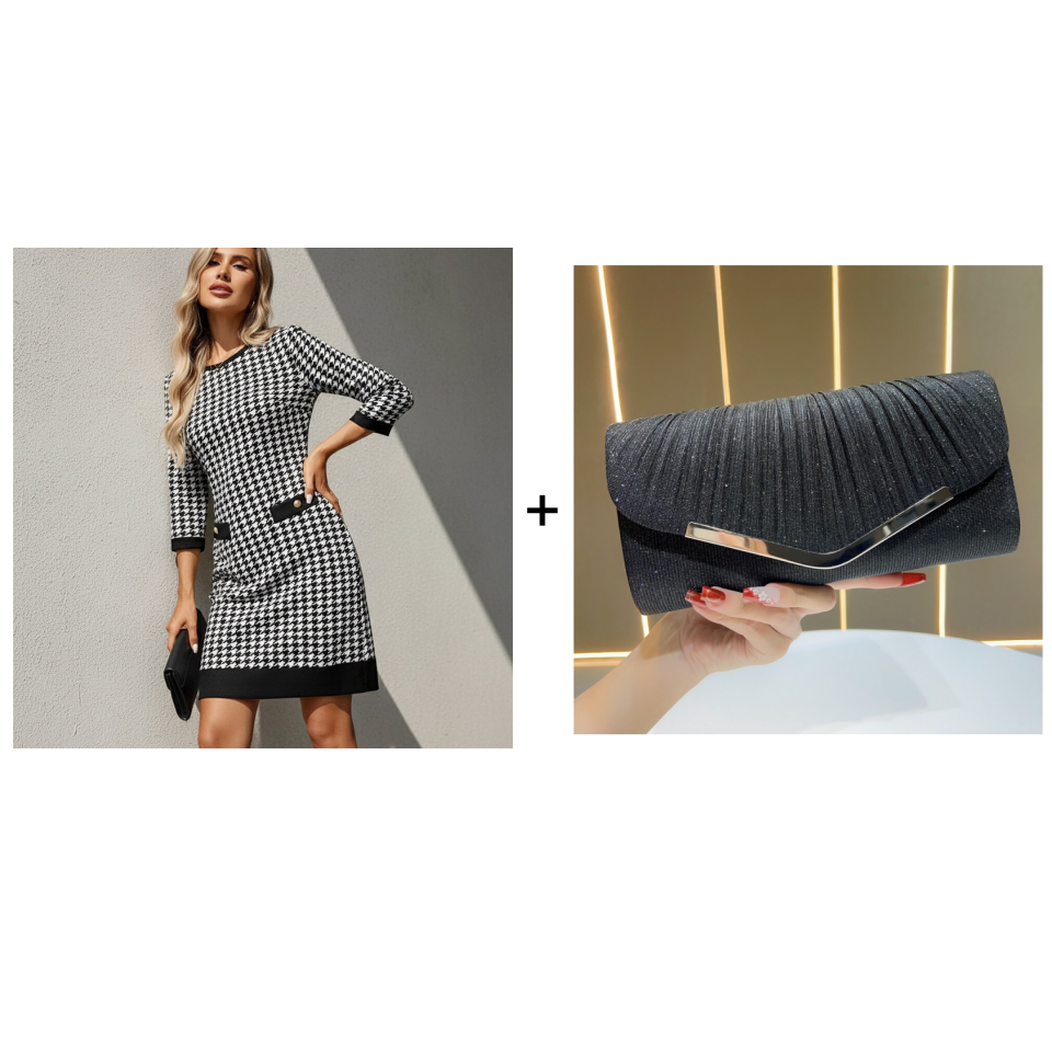 Olyra - Midi Jurk Houndstooth Met Ronde Hals Elegante