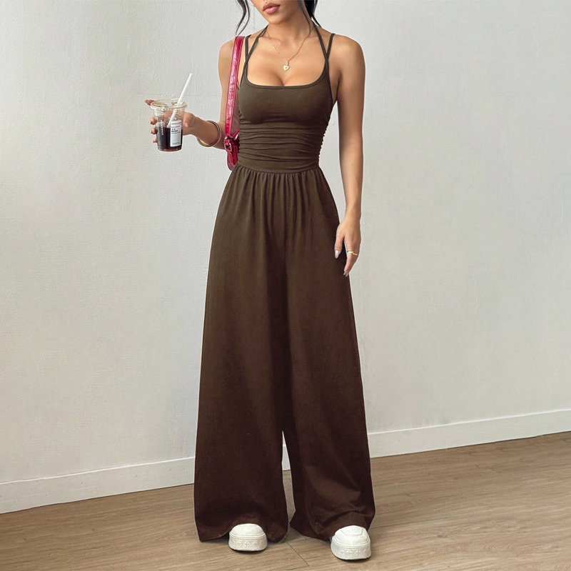 Jovixia - Dames jumpsuit met fijne bandjes luchtig wijde benen zomer