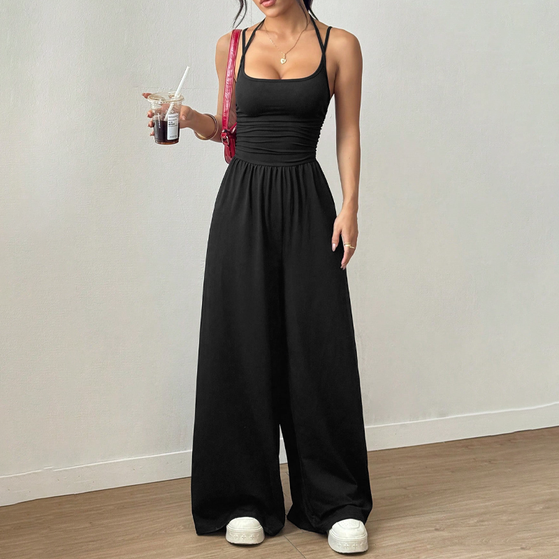 Jovixia - Dames jumpsuit met fijne bandjes luchtig wijde benen zomer