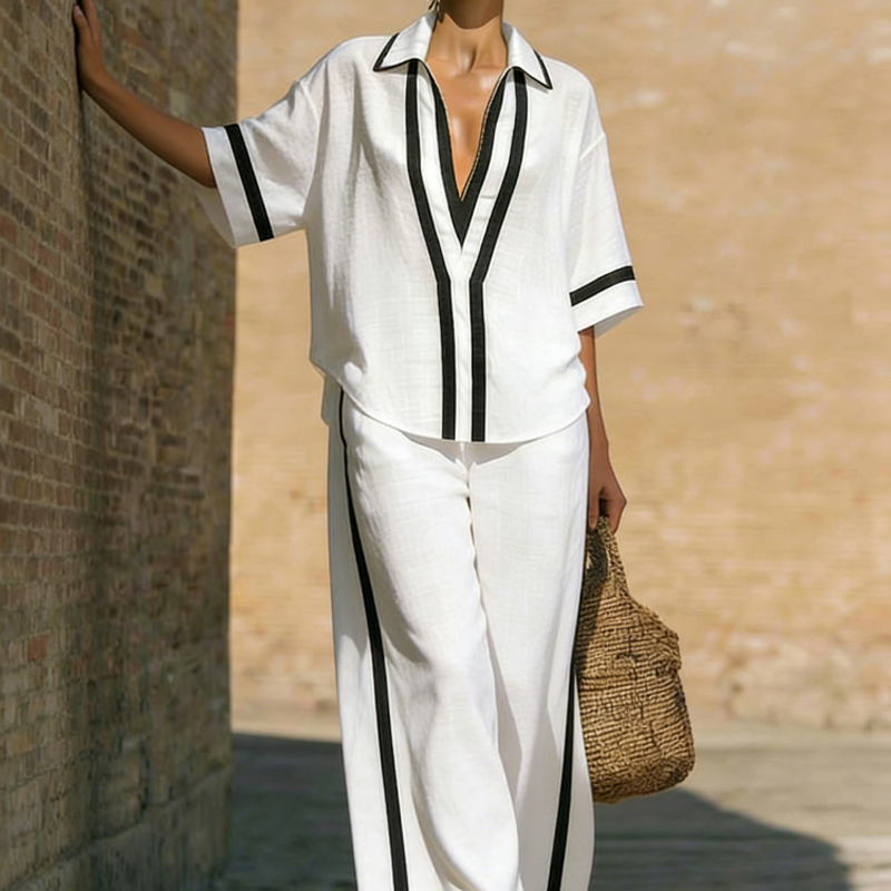 Cirevyn - Dames set van twee delen linnen V-hals blouse en brede broek met strepen