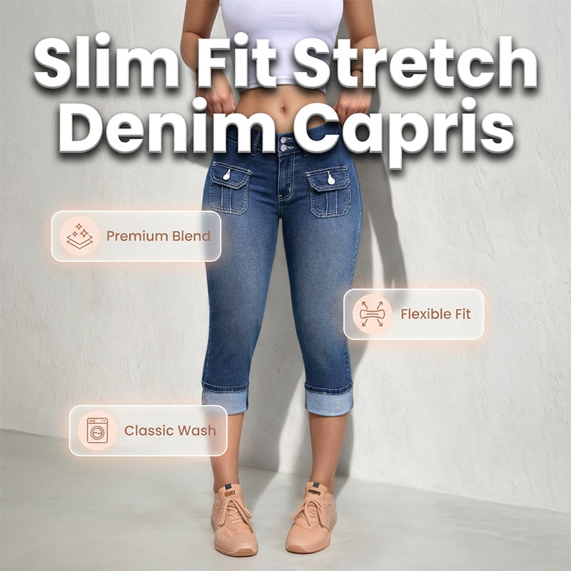 Tovixa - Dames Capri Broek Denim Stretch Aansluitende Pasvorm Midden Hoge Taille