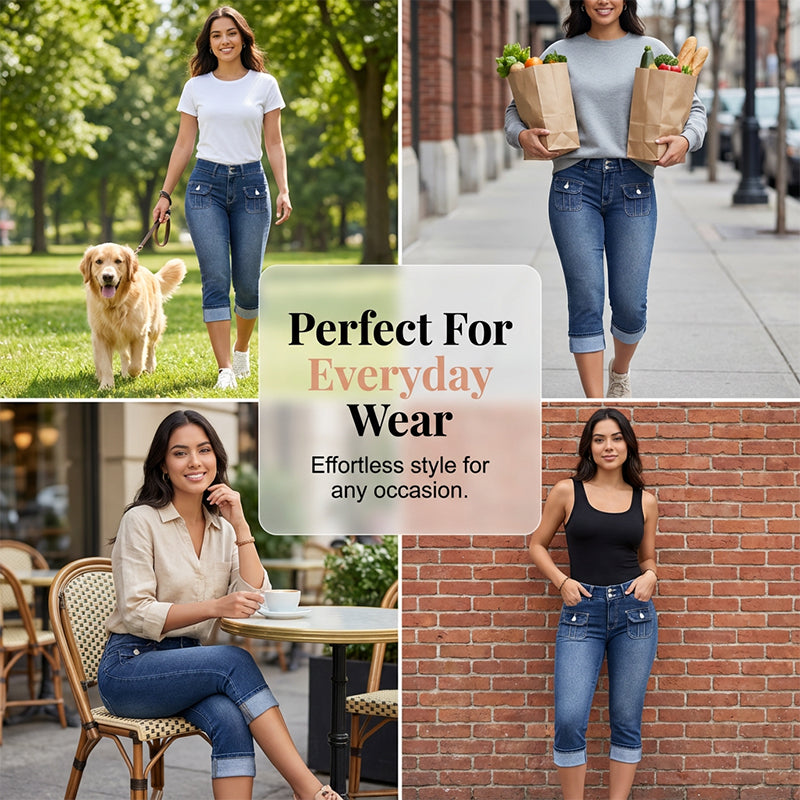 Tovixa - Dames Capri Broek Denim Stretch Aansluitende Pasvorm Midden Hoge Taille