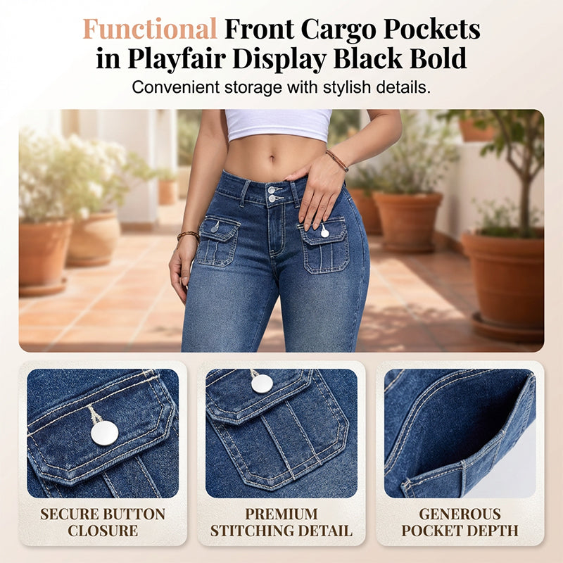 Tovixa - Dames Capri Broek Denim Stretch Aansluitende Pasvorm Midden Hoge Taille