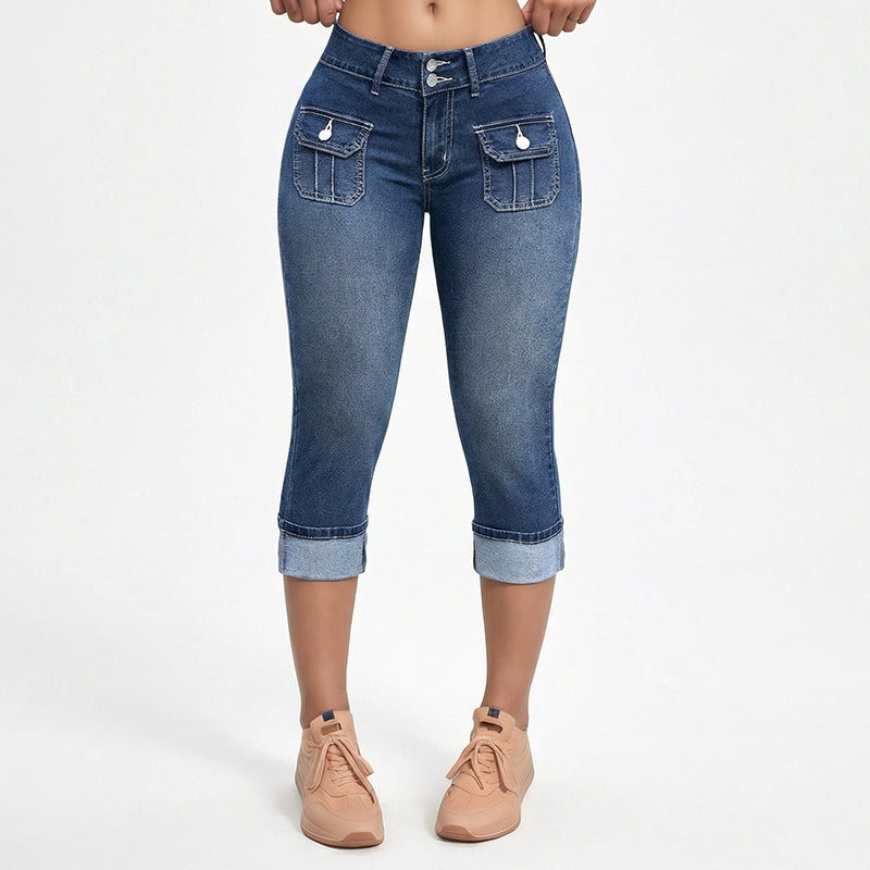 Tovixa - Dames Capri Broek Denim Stretch Aansluitende Pasvorm Midden Hoge Taille