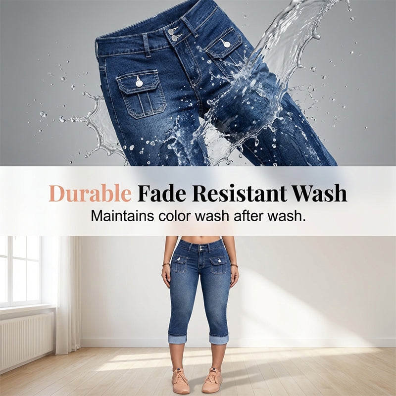 Tovixa - Dames Capri Broek Denim Stretch Aansluitende Pasvorm Midden Hoge Taille