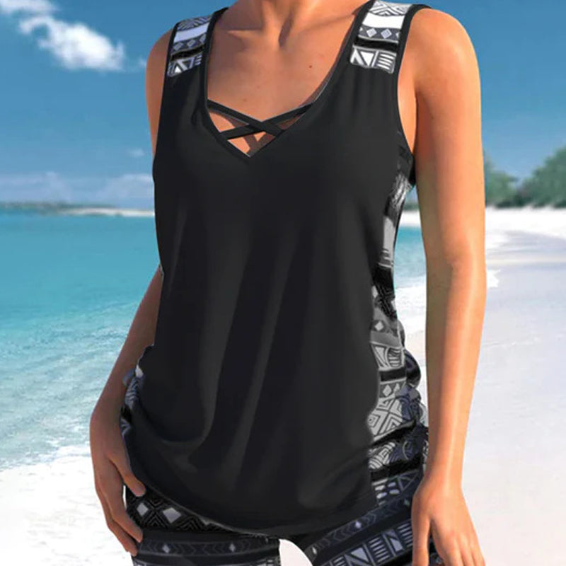 Tovienne - Tankini voor dames twee stukken V-hals korte geometrische print