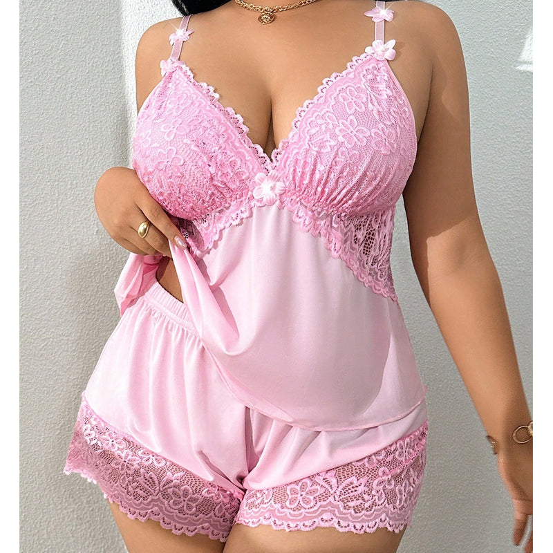 Kirexa - Dames pyjama set met kanten top met spaghettibandjes en elegante luchtige short