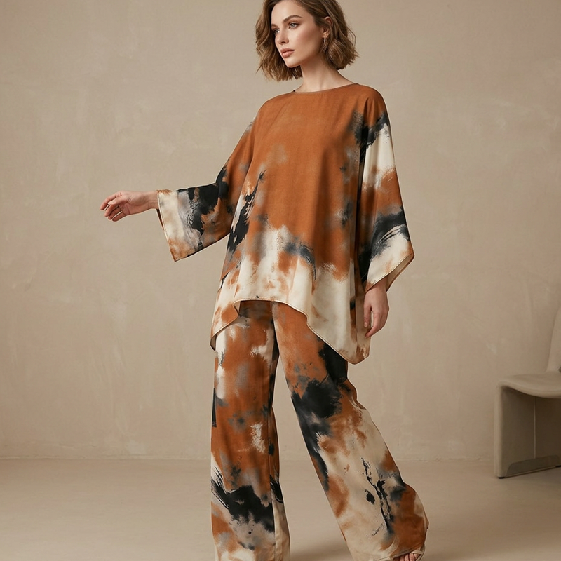 Falvynna - Dames set van twee delen met abstracte print oversized tuniek wijde broek