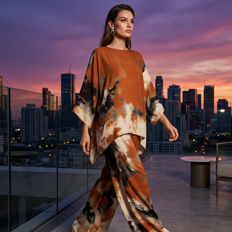 Falvynna - Dames set van twee delen met abstracte print oversized tuniek wijde broek