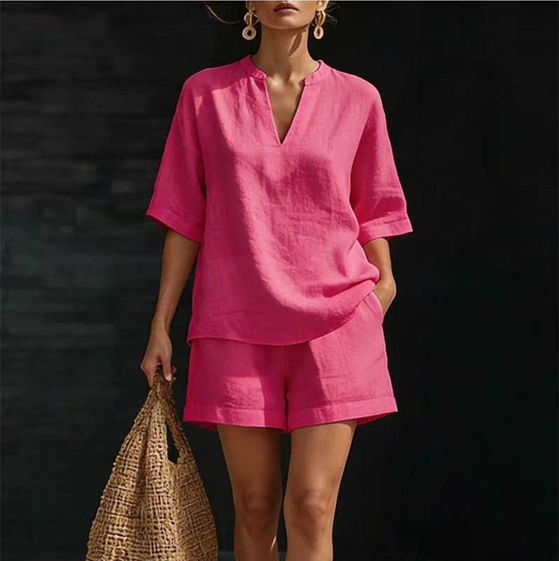 Jynalora - Dames set met korte broek en casual elegante V-hals blouse voor de zomer
