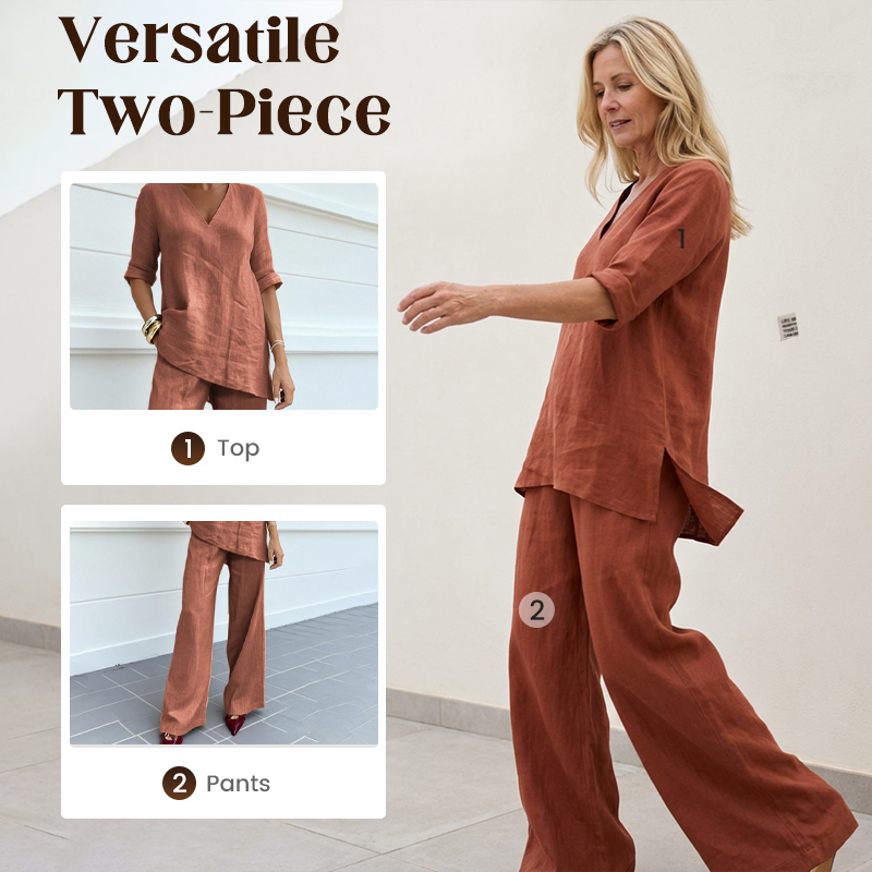 Jasoria - Vrouwenoutfit van linnen en katoen met V-hals top en brede broek