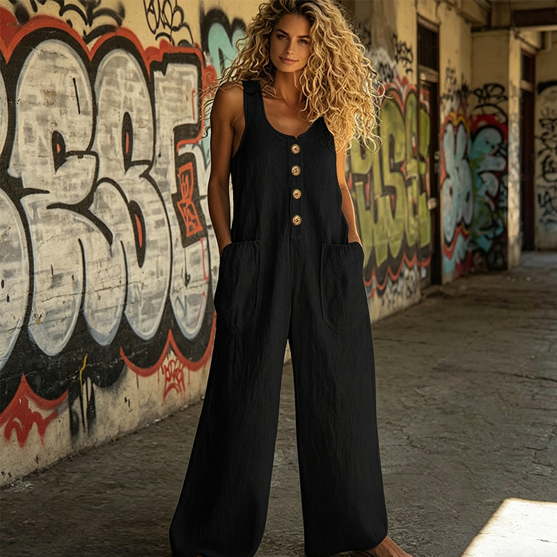Beloria - Dames jumpsuit zonder mouwen met wijde benen en zakken