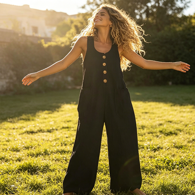 Beloria - Dames jumpsuit zonder mouwen met wijde benen en zakken