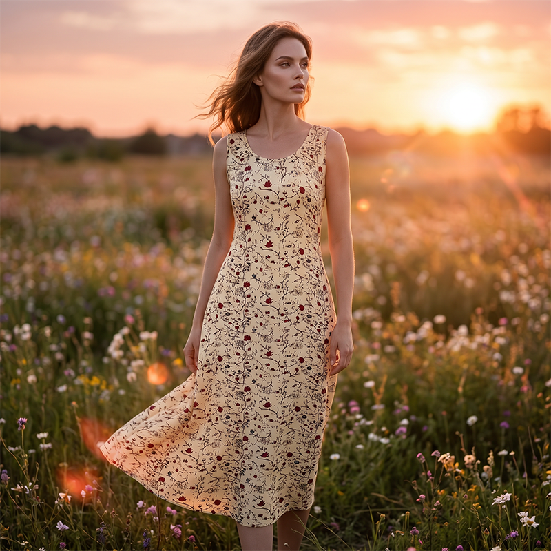 Karielle - Lange jurk voor vrouwen met bloemenprint, zonder mouwen en met zakken